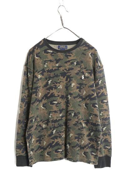 ポロ ラルフローレン 迷彩 長袖 サーマル Tシャツ メンズ XXL / ワッフル コットン カットソー ワンポイント ストレッチ 総柄 大きいサイズ