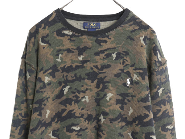 ポロ ラルフローレン 迷彩 長袖 サーマル Tシャツ メンズ XXL / ワッフル コットン カットソー ワンポイント ストレッチ 総柄 大きいサイズ