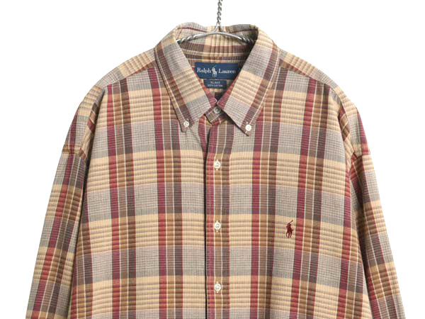 90s ラルフローレン チェック 長袖 ボタンダウン シャツ メンズ XL / 古着 オールド ポロ 長袖シャツ コットン ワンポイント 大きいサイズ