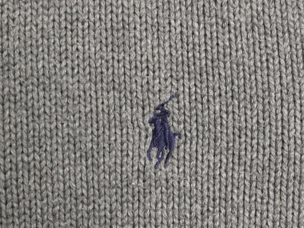 90s ポロ ラルフローレン コットン ニット セーター メンズ L 古着 オールド クルーネック ワンポイント ポニー 刺繍 無地 リブ編み グレー