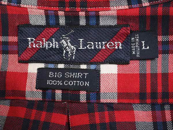 90s THE BIG SHIRT ラルフローレン チェック 長袖 ボタンダウン シャツ メンズ L オールド ポロ オックスフォード ビッグシャツ 長袖シャツ
