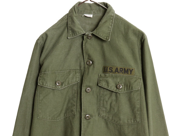 70s 米軍実物 US ARMY コットン サテン ユーティリティ シャツ M / ヴィンテージ 70年製 OG107 シャツ袖 3rd ミリタリー 軍物 ワッペン付き