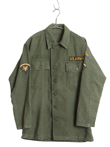 60s 米軍実物 US ARMY コットン サテン ユーティリティ シャツ M 程/ ヴィンテージ 62年製 1st 後期 筒袖 ミリタリー OG107 ワッペン付き