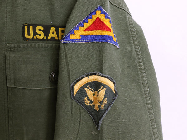 60s 米軍実物 US ARMY コットン サテン ユーティリティ シャツ M 程/ ヴィンテージ 62年製 1st 後期 筒袖 ミリタリー OG107 ワッペン付き