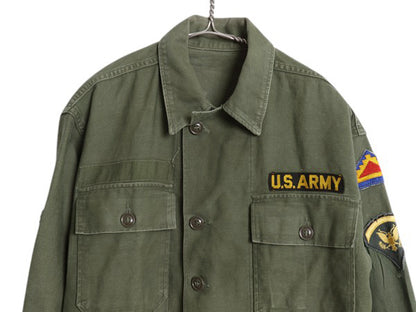 60s 米軍実物 US ARMY コットン サテン ユーティリティ シャツ M 程/ ヴィンテージ 62年製 1st 後期 筒袖 ミリタリー OG107 ワッペン付き