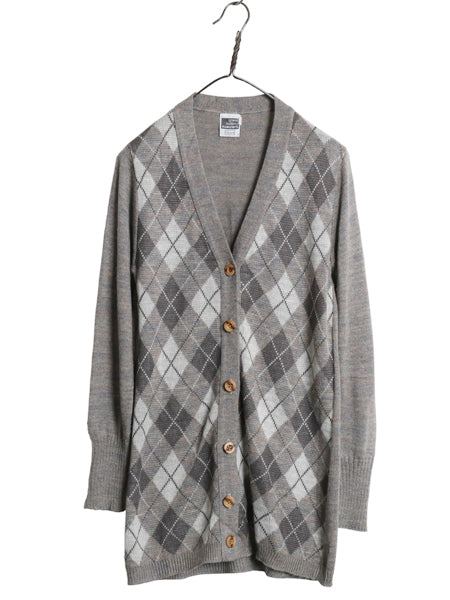 70s 80s シアーズ ロング ニット カーディガン レディース M 古着 ヴィンテージ アーガイル 前開き ウール アクリル セーター マルチカラー