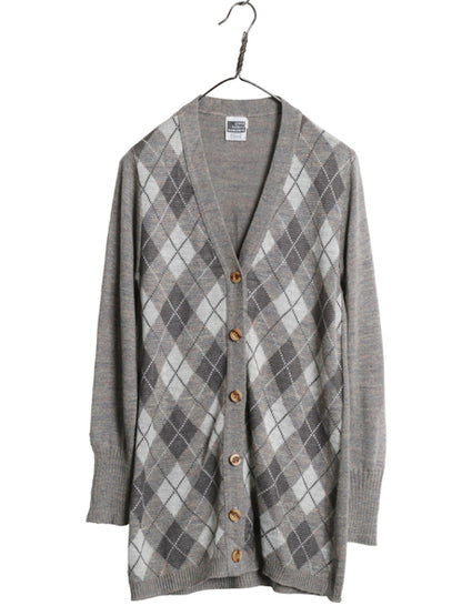 70s 80s シアーズ ロング ニット カーディガン レディース M 古着 ヴィンテージ アーガイル 前開き ウール アクリル セーター マルチカラー