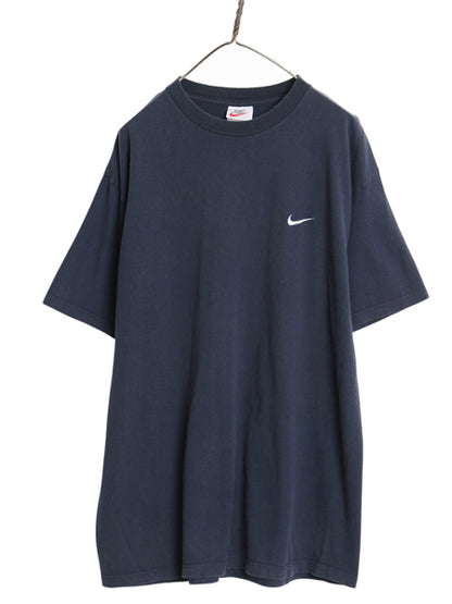 90s USA製 ナイキ スウッシュ 刺繍 半袖 Tシャツ メンズ L オールド ヘビーウェイト コットン ワンポイント カットソー シンプル ネイビー