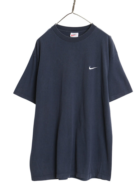 90s USA製 ナイキ スウッシュ 刺繍 半袖 Tシャツ メンズ L オールド ヘビーウェイト コットン ワンポイント カットソー シンプル ネイビー