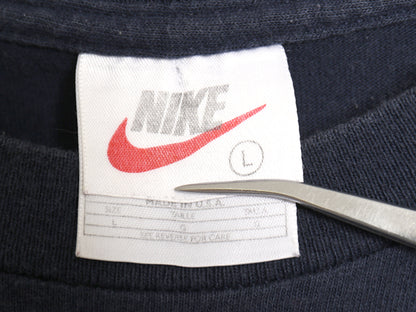 90s USA製 ナイキ スウッシュ 刺繍 半袖 Tシャツ メンズ L オールド ヘビーウェイト コットン ワンポイント カットソー シンプル ネイビー