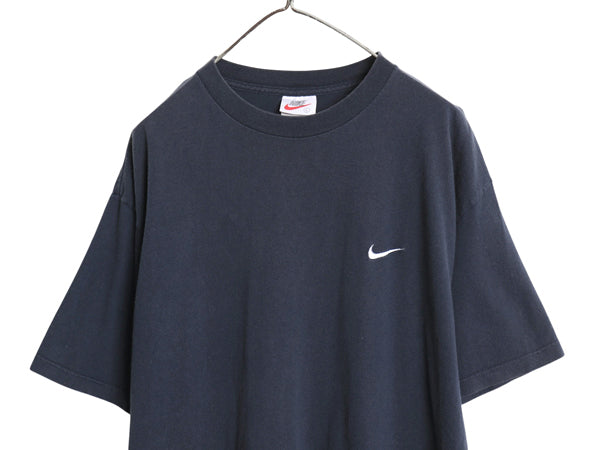 90s USA製 ナイキ スウッシュ 刺繍 半袖 Tシャツ メンズ L オールド ヘビーウェイト コットン ワンポイント カットソー シンプル ネイビー