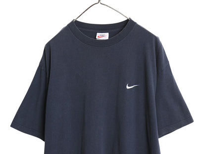 90s USA製 ナイキ スウッシュ 刺繍 半袖 Tシャツ メンズ L オールド ヘビーウェイト コットン ワンポイント カットソー シンプル ネイビー
