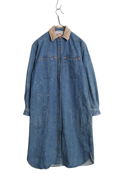 80s バナナリパブリック デニム シャツ ワンピース レディース S / 旧タグ ヴィンテージ ロングシャツ ワンピ ひざ丈 コート 襟 本革レザー