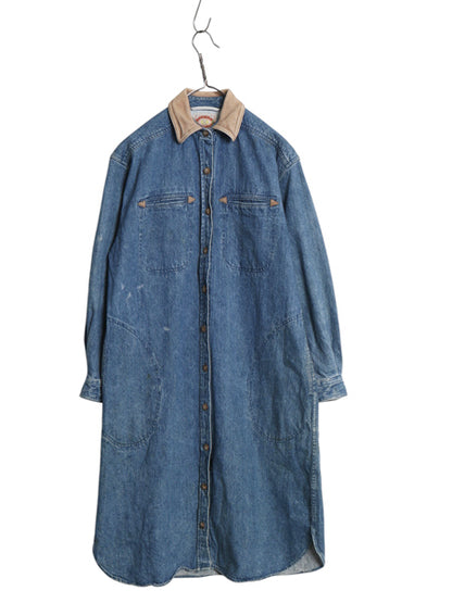 80s バナナリパブリック デニム シャツ ワンピース レディース S / 旧タグ ヴィンテージ ロングシャツ ワンピ ひざ丈 コート 襟 本革レザー