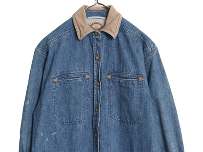 80s バナナリパブリック デニム シャツ ワンピース レディース S / 旧タグ ヴィンテージ ロングシャツ ワンピ ひざ丈 コート 襟 本革レザー