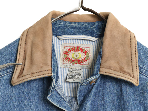 80s バナナリパブリック デニム シャツ ワンピース レディース S / 旧タグ ヴィンテージ ロングシャツ ワンピ ひざ丈 コート 襟 本革レザー