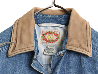 80s バナナリパブリック デニム シャツ ワンピース レディース S / 旧タグ ヴィンテージ ロングシャツ ワンピ ひざ丈 コート 襟 本革レザー