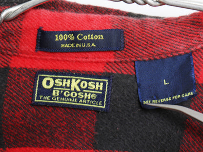 90s USA製 オシュコシュ 長袖 ヘビー フランネル シャツ メンズ L 古着 オールド バッファロー チェック ネルシャツ ワーク 赤 黒 ツートン