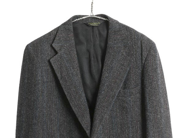 80s USA製 ハリスツイード テーラード ジャケット メンズ M 程 ヴィンテージ ブレザー ツイード ウール ストライプ トラッド カジュアル 灰