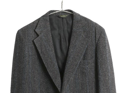 80s USA製 ハリスツイード テーラード ジャケット メンズ M 程 ヴィンテージ ブレザー ツイード ウール ストライプ トラッド カジュアル 灰