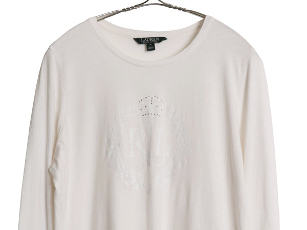 ローレン ラルフローレン フロッキー プリント 長袖 Tシャツ レディース M 古着 ポロ ロンT ラインストーン ストレッチ カットソー 薄手 白