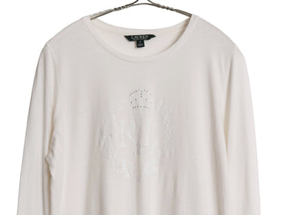 ローレン ラルフローレン フロッキー プリント 長袖 Tシャツ レディース M 古着 ポロ ロンT ラインストーン ストレッチ カットソー 薄手 白