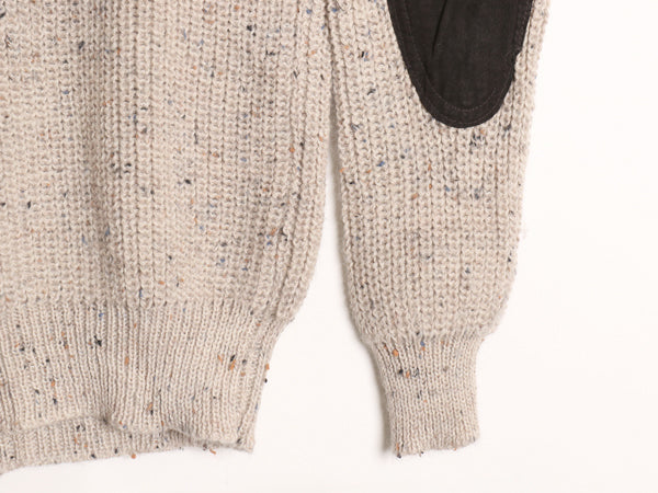 90s アイルランド製 aran crafts コマンド ニット セーター メンズ S / オールド チャンキー リブ編み ウール 本革 レザー エルボーパッチ