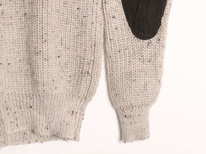 90s アイルランド製 aran crafts コマンド ニット セーター メンズ S / オールド チャンキー リブ編み ウール 本革 レザー エルボーパッチ
