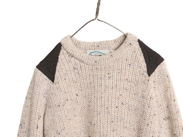 90s アイルランド製 aran crafts コマンド ニット セーター メンズ S / オールド チャンキー リブ編み ウール 本革 レザー エルボーパッチ