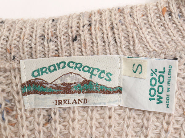 90s アイルランド製 aran crafts コマンド ニット セーター メンズ S / オールド チャンキー リブ編み ウール 本革 レザー エルボーパッチ