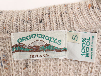 90s アイルランド製 aran crafts コマンド ニット セーター メンズ S / オールド チャンキー リブ編み ウール 本革 レザー エルボーパッチ
