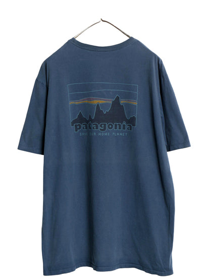パタゴニア 両面 プリント 半袖 Tシャツ メンズ L アウトドア 白タグ ロゴ グラフィック アート イラスト バックプリント フィッツロイ 紺