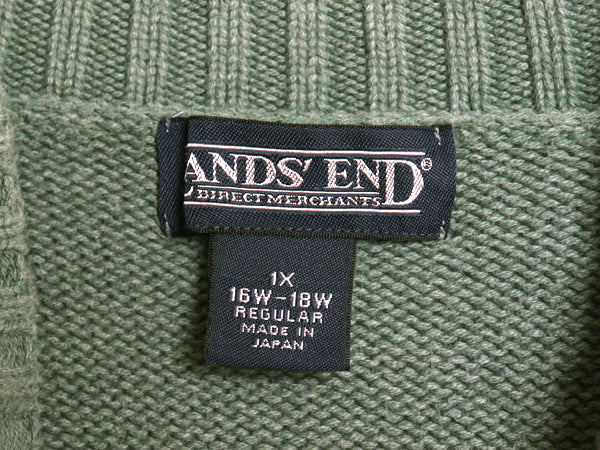 90s 日本製 ランズエンド コットン ニット セーター メンズ XL / オールド モックネック 長袖ニット 無地 リブ編み 大きいサイズ グリーン