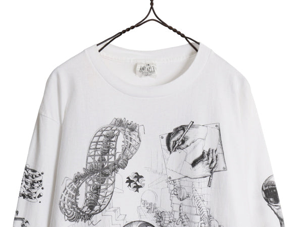 90s USA製 ★ エッシャー アート イラスト プリント 長袖 Tシャツ メンズ L / 当時物 オフィシャル 芸術 だまし絵 グラフィック ロンT 白