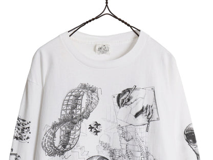 90s USA製 ★ エッシャー アート イラスト プリント 長袖 Tシャツ メンズ L / 当時物 オフィシャル 芸術 だまし絵 グラフィック ロンT 白