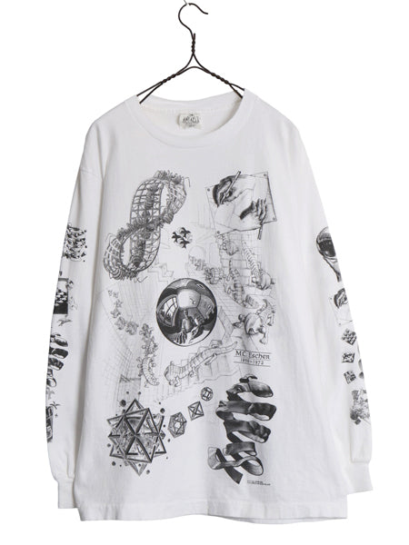 90s USA製 ★ エッシャー アート イラスト プリント 長袖 Tシャツ メンズ L / 当時物 オフィシャル 芸術 だまし絵 グラフィック ロンT 白