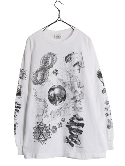 90s USA製 ★ エッシャー アート イラスト プリント 長袖 Tシャツ メンズ L / 当時物 オフィシャル 芸術 だまし絵 グラフィック ロンT 白