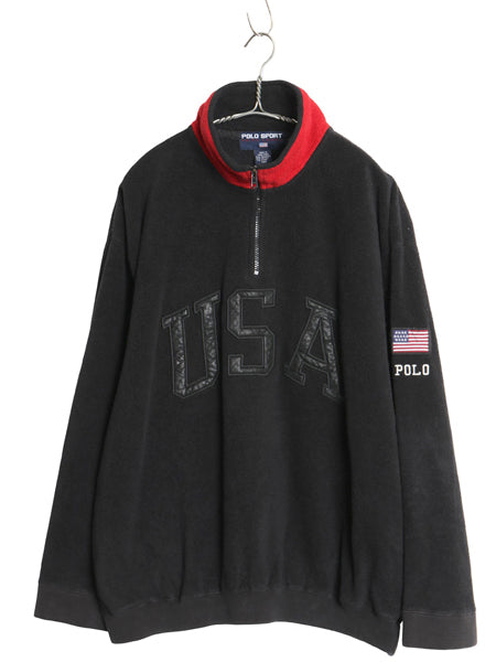90s ポロスポーツ ラルフローレン ハーフジップ フリース ジャケット メンズ L オールド ポロ プルオーバー 星条旗 USA ビッグロゴ 刺繍 黒