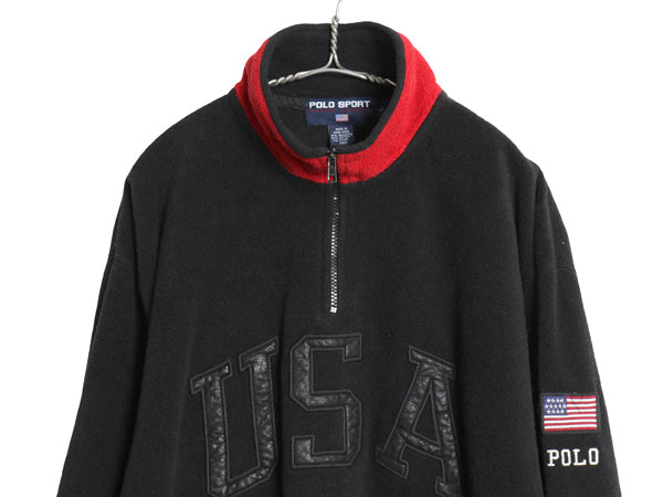 90s ポロスポーツ ラルフローレン ハーフジップ フリース ジャケット メンズ L オールド ポロ プルオーバー 星条旗 USA ビッグロゴ 刺繍 黒