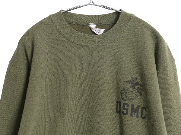 USA製 米軍実物 USMC プリント スウェット メンズ M 12年製 マリンコープ 海兵隊 ミリタリー 軍物 トレーナー 裏起毛 ワンポイント カーキ
