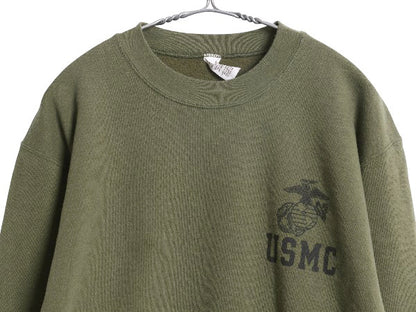 USA製 米軍実物 USMC プリント スウェット メンズ M 12年製 マリンコープ 海兵隊 ミリタリー 軍物 トレーナー 裏起毛 ワンポイント カーキ