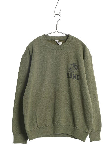 USA製 米軍実物 USMC プリント スウェット メンズ M 12年製 マリンコープ 海兵隊 ミリタリー 軍物 トレーナー 裏起毛 ワンポイント カーキ