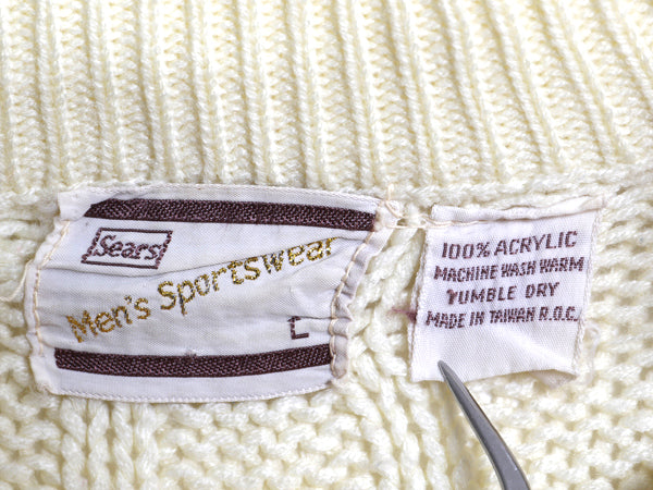 70s 80s シアーズ アクリル ケーブル ニット セーター メンズ L 古着 ヴィンテージ モックネック フィッシャーマン ローゲージ ナチュラル