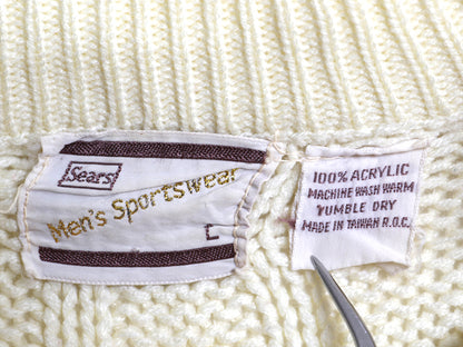 70s 80s シアーズ アクリル ケーブル ニット セーター メンズ L 古着 ヴィンテージ モックネック フィッシャーマン ローゲージ ナチュラル