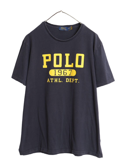 ポロ ラルフローレン 3段 プリント 半袖 Tシャツ メンズ XL / カットソー コットン シングルステッチ クルーネック 大きいサイズ ネイビー