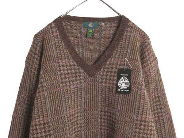 デッドストック 90s CLUB ROOM チェック デザイン ニット セーター メンズ XL / 新品 オールド ウール Vネック 大きいサイズ マルチカラー