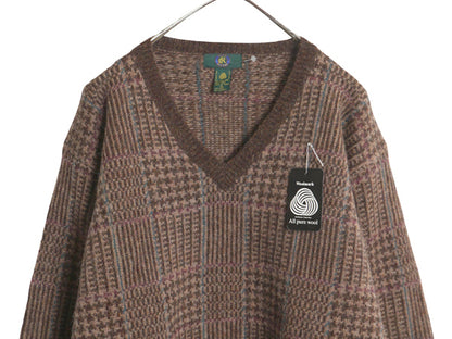 デッドストック 90s CLUB ROOM チェック デザイン ニット セーター メンズ XL / 新品 オールド ウール Vネック 大きいサイズ マルチカラー
