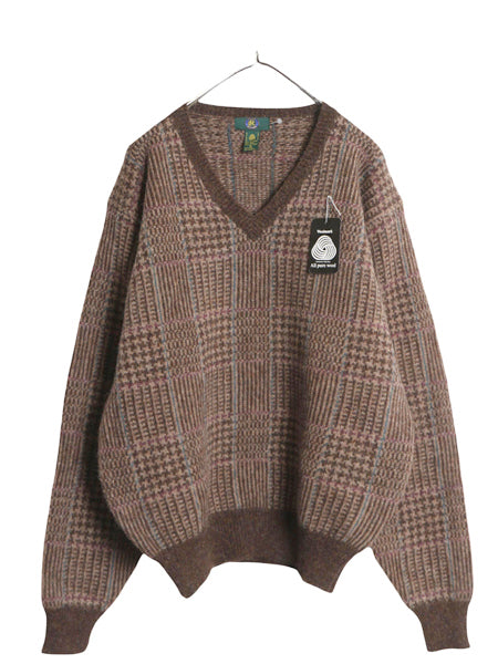 デッドストック 90s CLUB ROOM チェック デザイン ニット セーター メンズ XL / 新品 オールド ウール Vネック 大きいサイズ マルチカラー