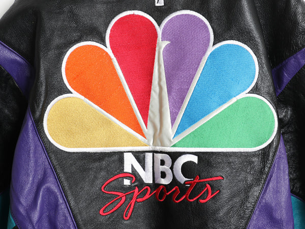 00s NBC SPORTS フルジップ 本革 レザー ジャケット メンズ M オールド 企業物 プロプレイヤー 革ジャン 中綿 キルティング ジャンパー 黒