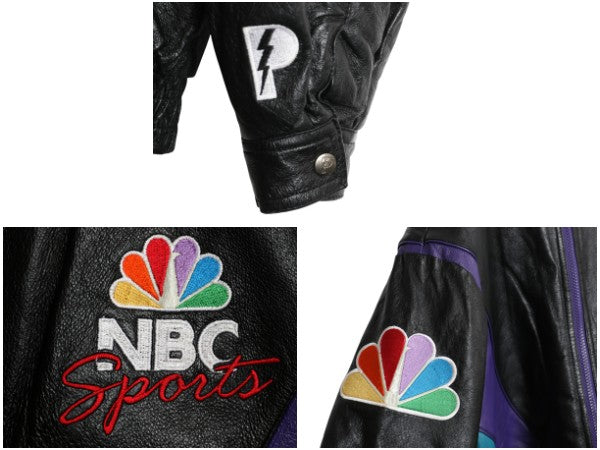 00s NBC SPORTS フルジップ 本革 レザー ジャケット メンズ M オールド 企業物 プロプレイヤー 革ジャン 中綿 キルティング ジャンパー 黒